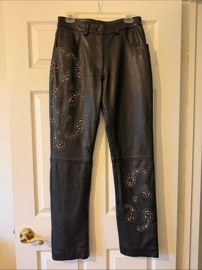 Black Leather Understated Leather  Women's Studded Pants with Paisley studs